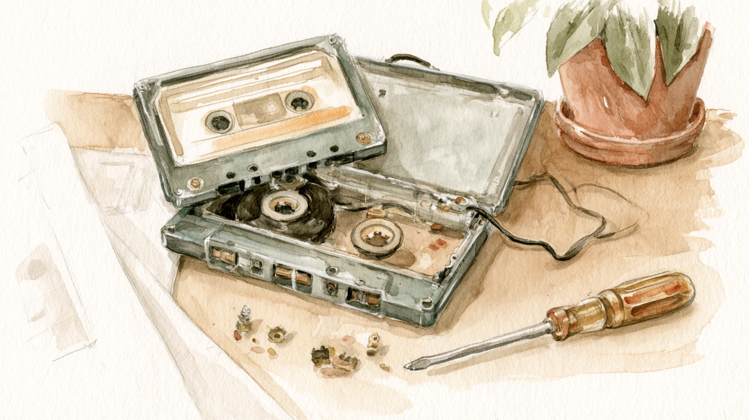 An opened cassette recorder beside a screwdriver, recalling a child’s curiosity about how things work.